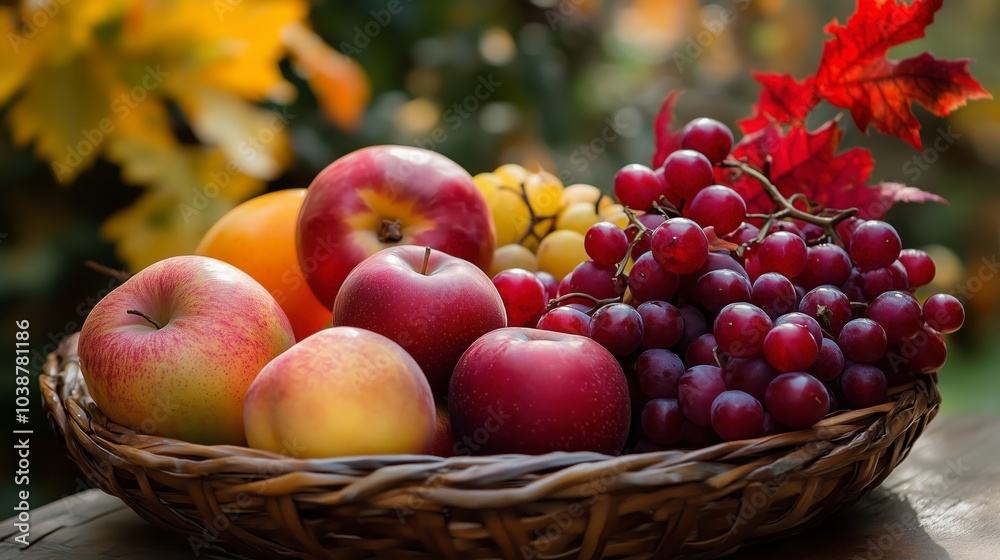 Frutas en un frutero de otoño: uvas, manzanas