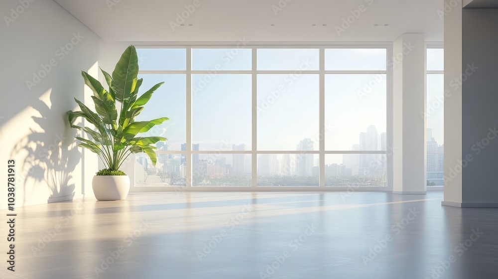 Bright, modern interior with large windows and a potted plant, emphasizing open space. Bright, modern interior with large windows and a potted plant, emphasizing open space.