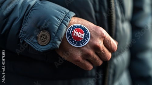 Person wearing 'I Voted' sticker on hand, representing civic engagement and participation in democracy.