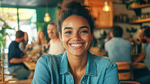 A woman with a blue shirt is smiling at the camera