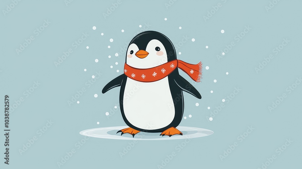 Obraz premium Charming Penguin in a Festive Scarf Sliding Playfully