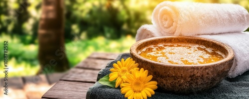 A foot bath setup with fresh flowers, herbs, and salts, placed next to a comfortable spa chair for a pampering session photo