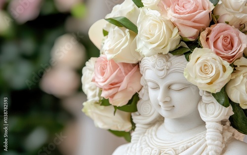 A Hindu God statue decorated with flowers, seen at a wedding mandap, representing blessings and spiritual significance