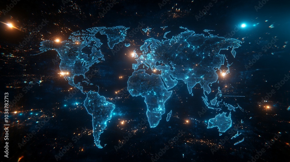 A Digital World Map with Glowing Blue Lines and Orange Lights A Digital World Map with Glowing Blue Lines and Orange Lights