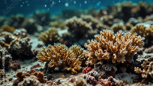 A close-up view of vibrant coral reefs in a clear blue ocean.