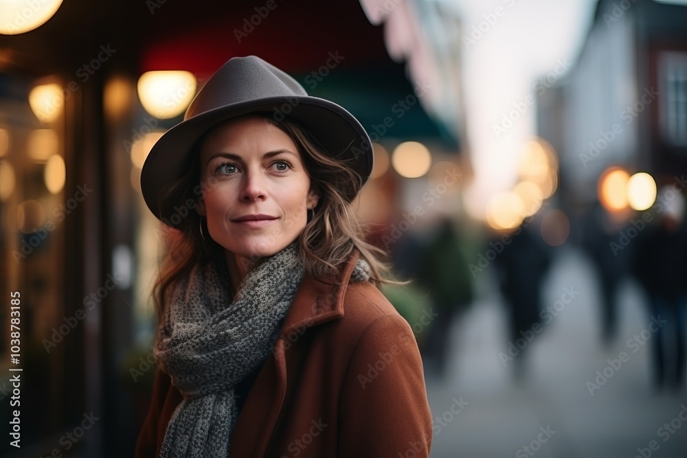 Portrait of a beautiful woman in a hat and coat on a city street Portrait of a beautiful woman in a hat and coat on a city street