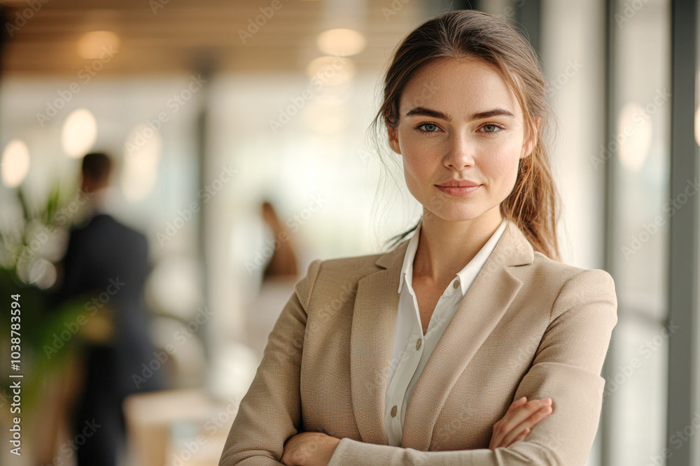 A woman in a business suit is posing for a photo A woman in a business suit is posing for a photo