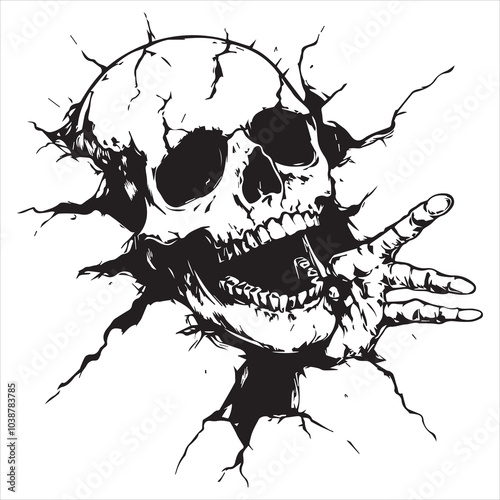 Skull and hand breaking through wall, sticker-style vector illustration, white background, ink drawing.
