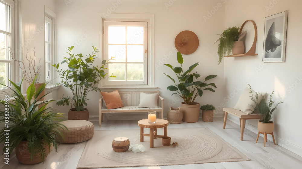 an image showing a room with harmonious colors according to Feng Shuibiophilic design, natural materials, light colours scandinavian style crystals, candles, incense ambient light on very cozy hot tea an image showing a room with harmonious colors according to Feng Shuibiophilic design, natural materials, light colours scandinavian style crystals, candles, incense ambient light on very cozy hot tea