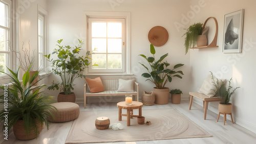 an image showing a room with harmonious colors according to Feng Shuibiophilic design, natural materials, light colours scandinavian style crystals, candles, incense ambient light on very cozy hot tea