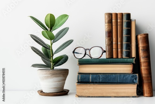 A stylish reading desk with a stack of books, reading glasses, and a small plant isolated on a white background