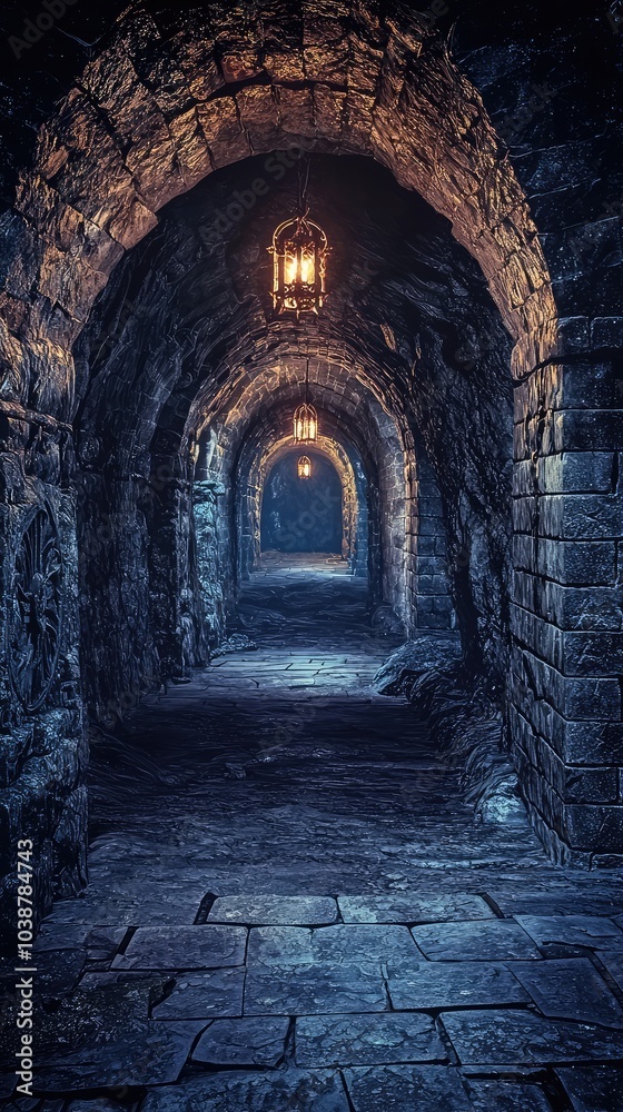 Naklejka premium Dark Fantasy Dungeon with Flickering Lights