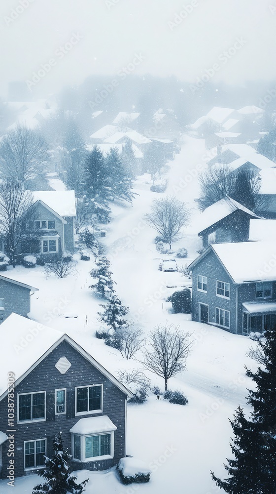 Snowstorm Engulfs Quiet Suburban Neighborhood in Winter Snowstorm Engulfs Quiet Suburban Neighborhood in Winter