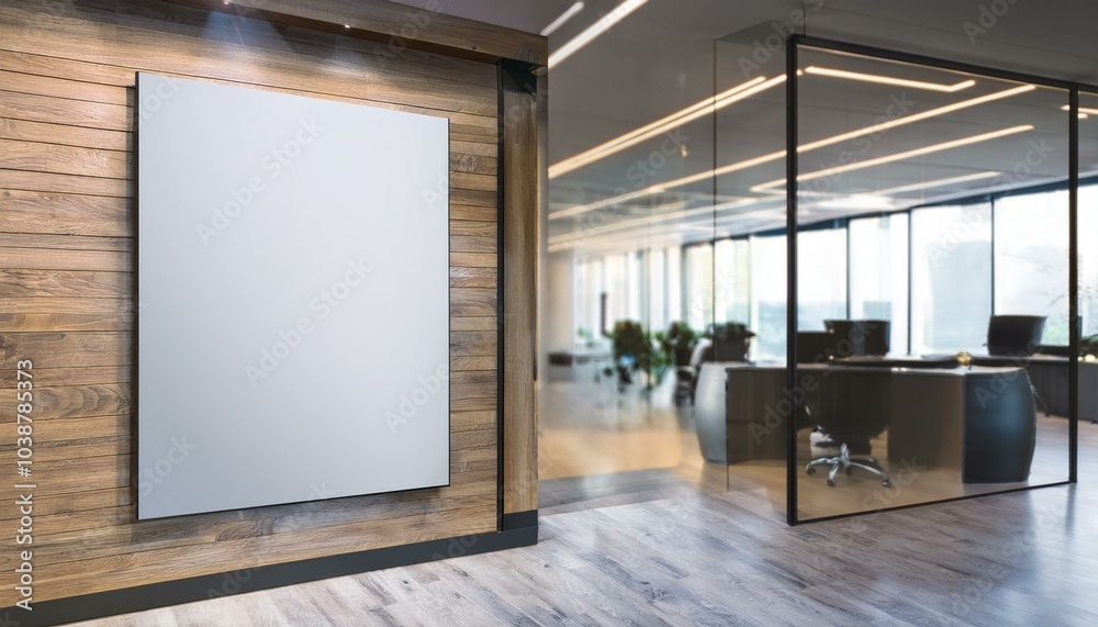 Blank grey poster with reflection and space for your logo or advertising text on natural wooden wall background in modern office area with blurred furniture on background. 3D rendering, mockup Blank grey poster with reflection and space for your logo or advertising text on natural wooden wall background in modern office area with blurred furniture on background. 3D rendering, mockup