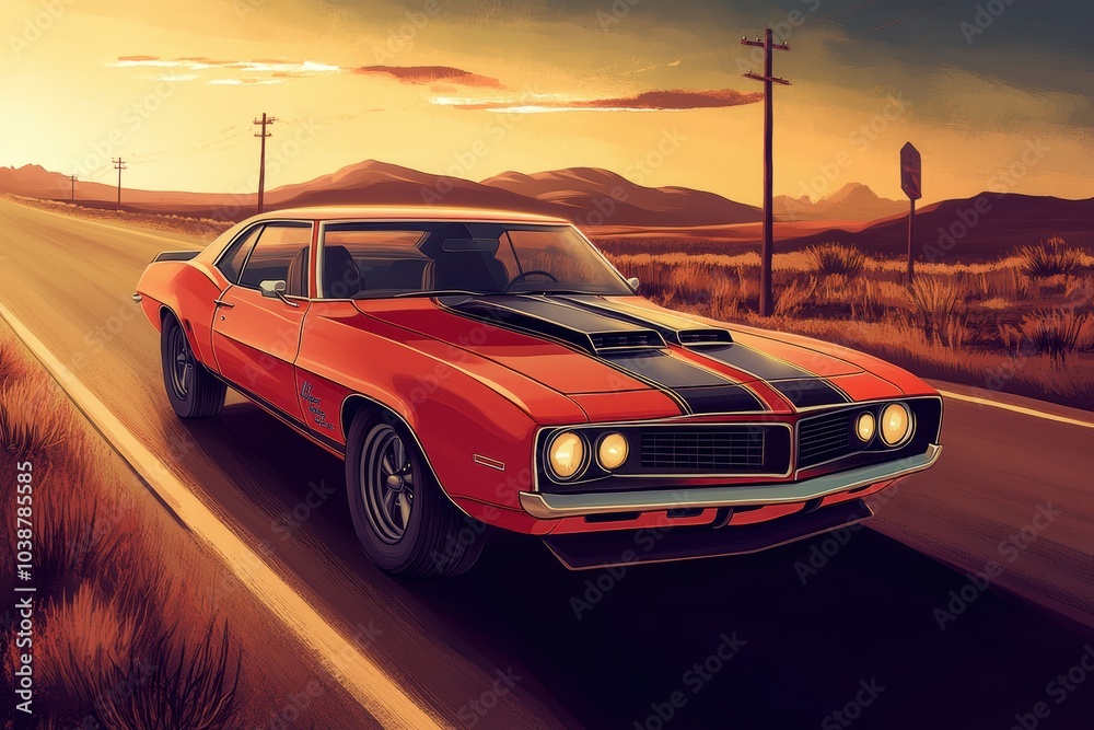 Fototapeta premium Classic American muscle car on a sunset road in the countryside. Generative AI