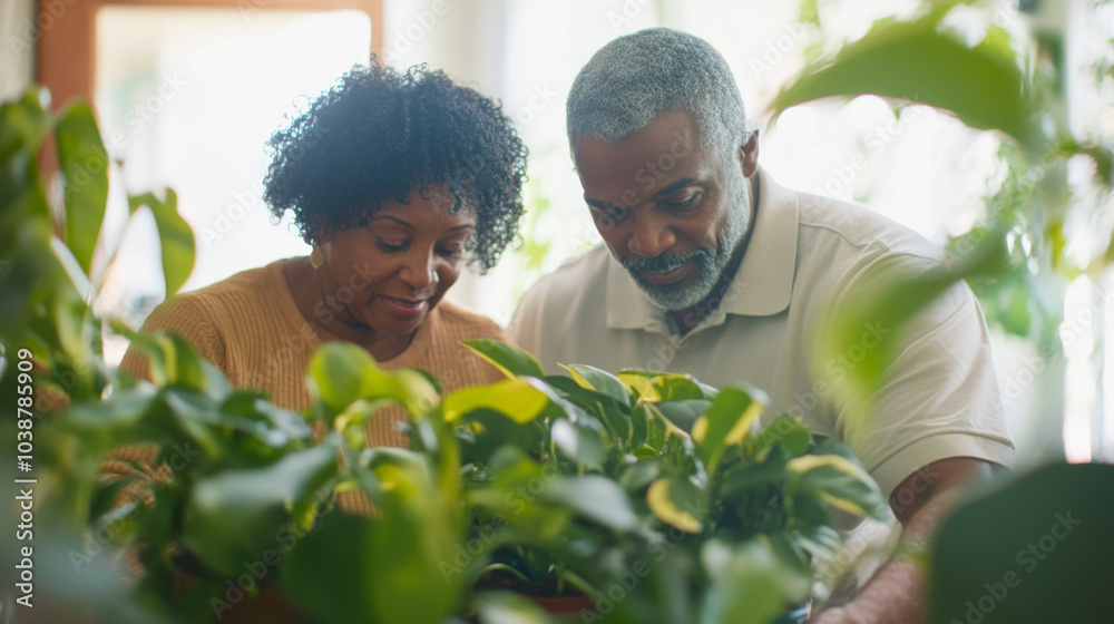 Obraz premium Couple caring houseplants at home. African american mature man and woman with green plants