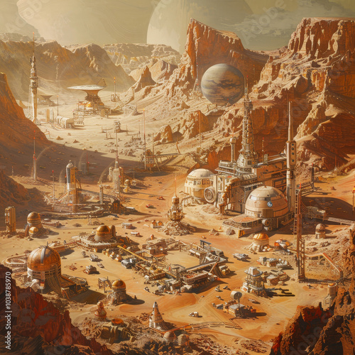 A bustling space colony on Mars, with astronauts and settlers going about their daily lives. 
