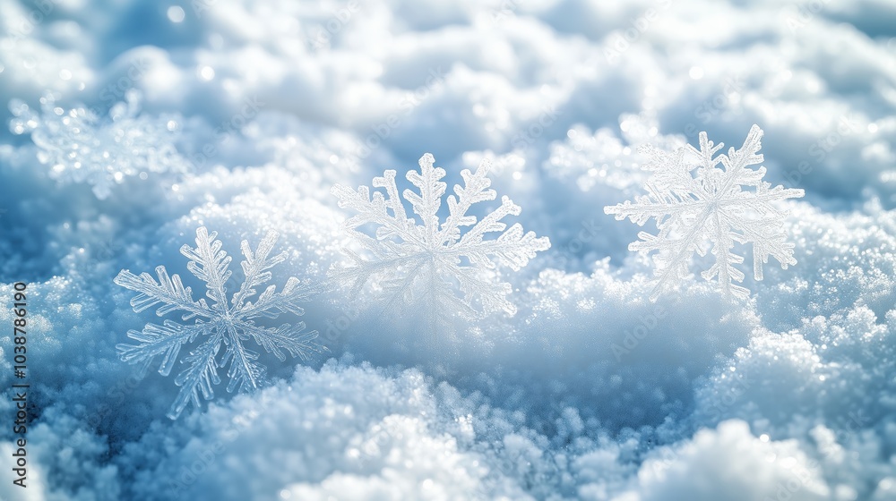 Beautiful snowflakes resting on a soft blanket of snow, creating a serene winter scene. Beautiful snowflakes resting on a soft blanket of snow, creating a serene winter scene.
