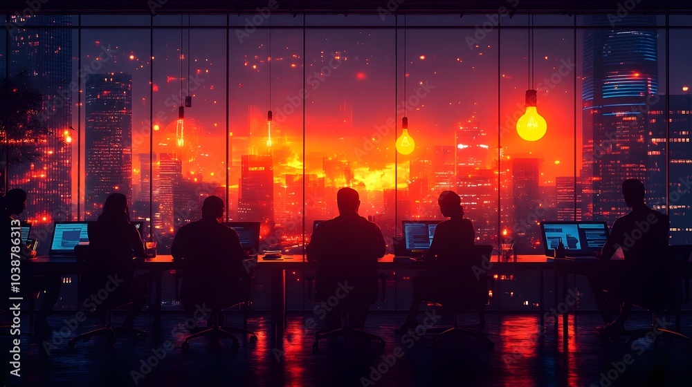 vector illustration of company workers working together at the office, using laptops at conference room, light bulb, target icon, bar charts, settings icons, clock at the background. 