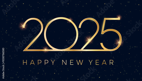 2025 luxury golden Happy New Year on golden sparkling dust glitter on dark blue background, New Year 2025 numbers decorative shiny design for award celebration