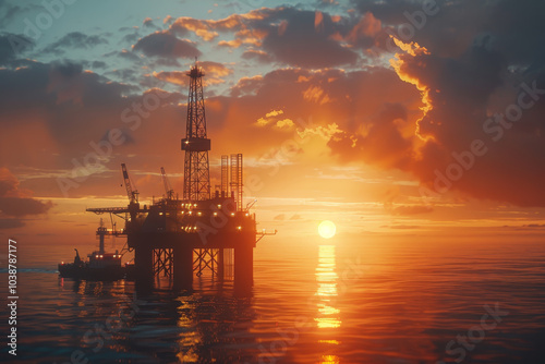 A large oil rig is floating in the ocean with the sun setting in the background