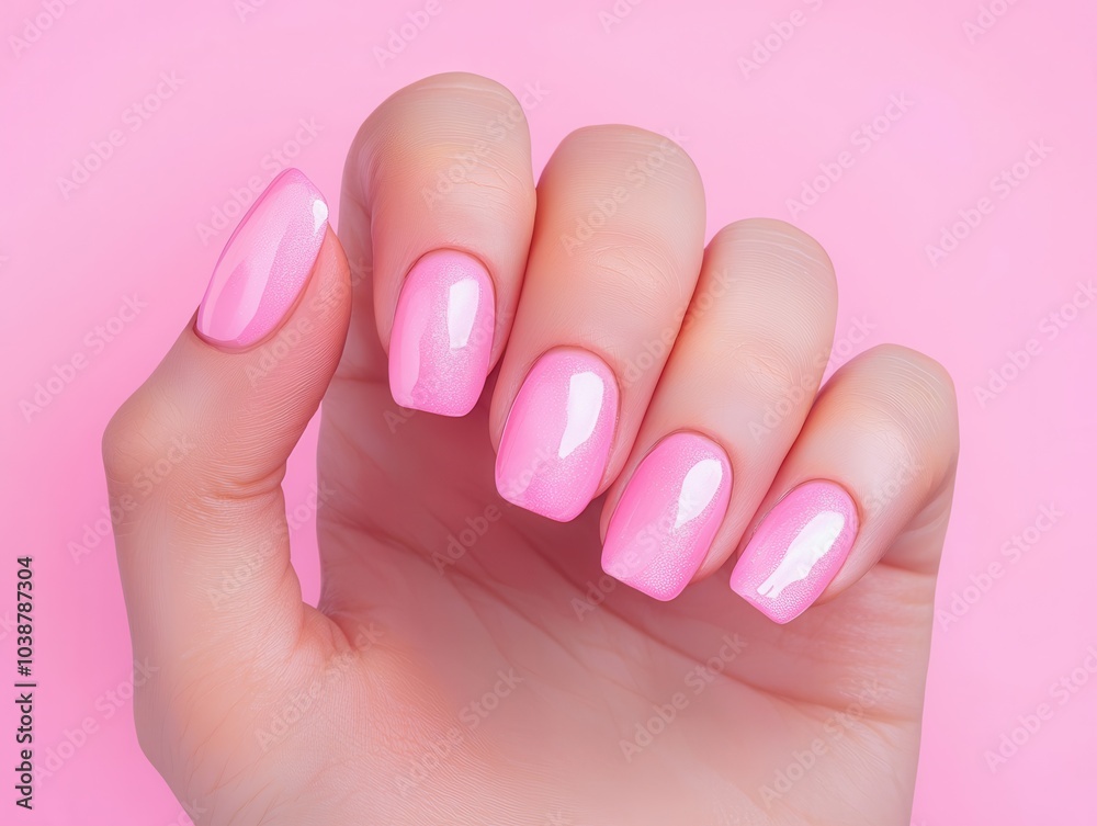 A hand with beautifully manicured pink nails against a soft pink background, showcasing a glossy finish. A hand with beautifully manicured pink nails against a soft pink background, showcasing a glossy finish.