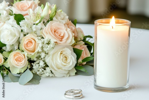 Close-up of wedding candle lit on a decorated table, with rings and flowers emphasizing romance and celebration