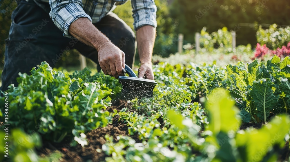 Fototapeta premium Dynamic Farmer Using Handheld Fertilizer in Garden
