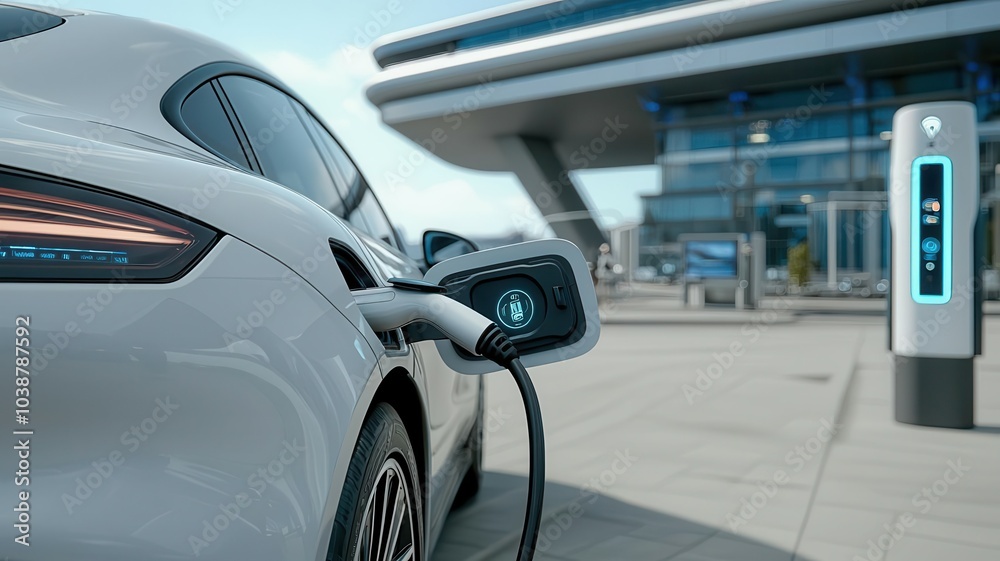 Electric car charging station with sleek vehicle and modern design. Generative AI Electric car charging station with sleek vehicle and modern design. Generative AI