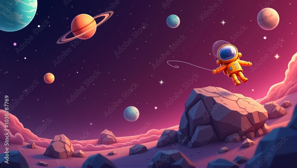 Naklejka premium Generative, AI, Astronaut floating in space with planets, vibrant colors, cosmic scene, captivating and surreal.