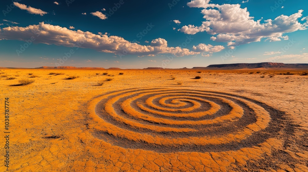 Naklejka premium Low angle shot of crop circle in a desert. Swirling patterns in red sand, illuminated by afternoon sun casting long shadows.
