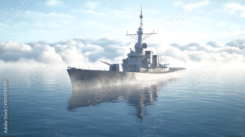 militaryship faced front view in calm sea photo