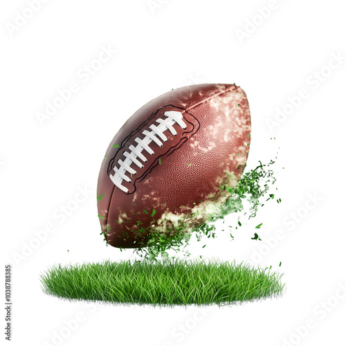 american football ball with grass and dirt fllying fast after a kick. isolated on transparent background. photo