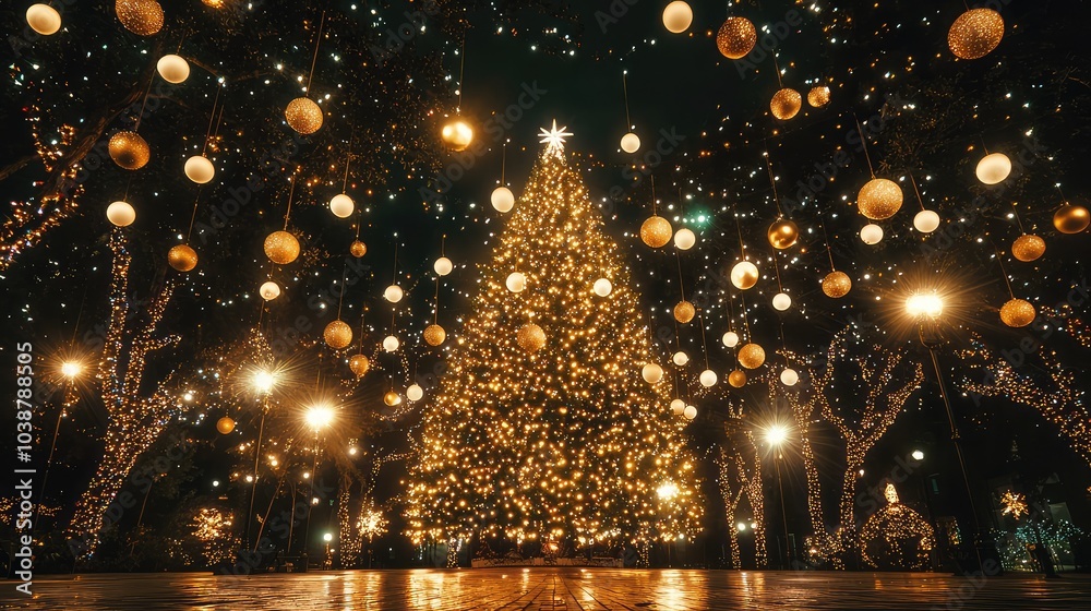 Giant Christmas Tree with Festive Holiday Decorations Giant Christmas Tree with Festive Holiday Decorations
