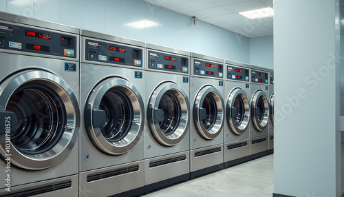 Row of washing machines in public laundry. Commercial cleaning services or utility management in communal spaces. Laundromat. Shared amenities. Self-service, coin laundry, or coin wash isolated with