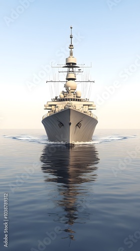 militaryship faced front view in calm sea photo