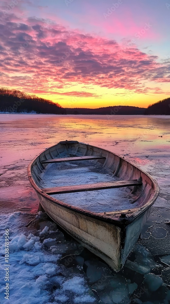 Frozen Lake at Dusk with Rowboat Encased in Ice Frozen Lake at Dusk with Rowboat Encased in Ice
