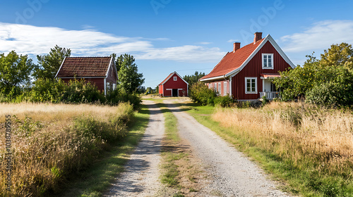Wallpaper Mural charming farmhouse style house with red barn surrounded by lush greenery and gravel road leading to homes. serene landscape evokes sense of tranquility and rural beauty Torontodigital.ca