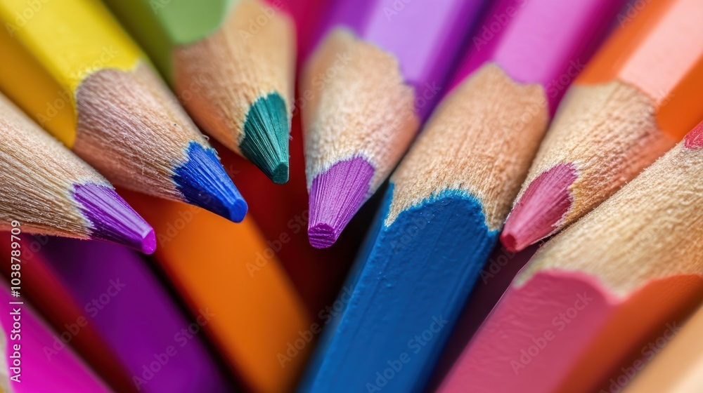 Close-up of colorful pencil tips arranged in a vibrant display. Close-up of colorful pencil tips arranged in a vibrant display.