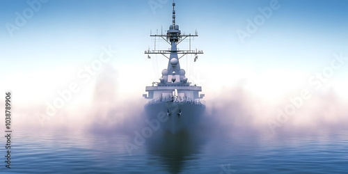 militaryship faced front view in calm sea photo