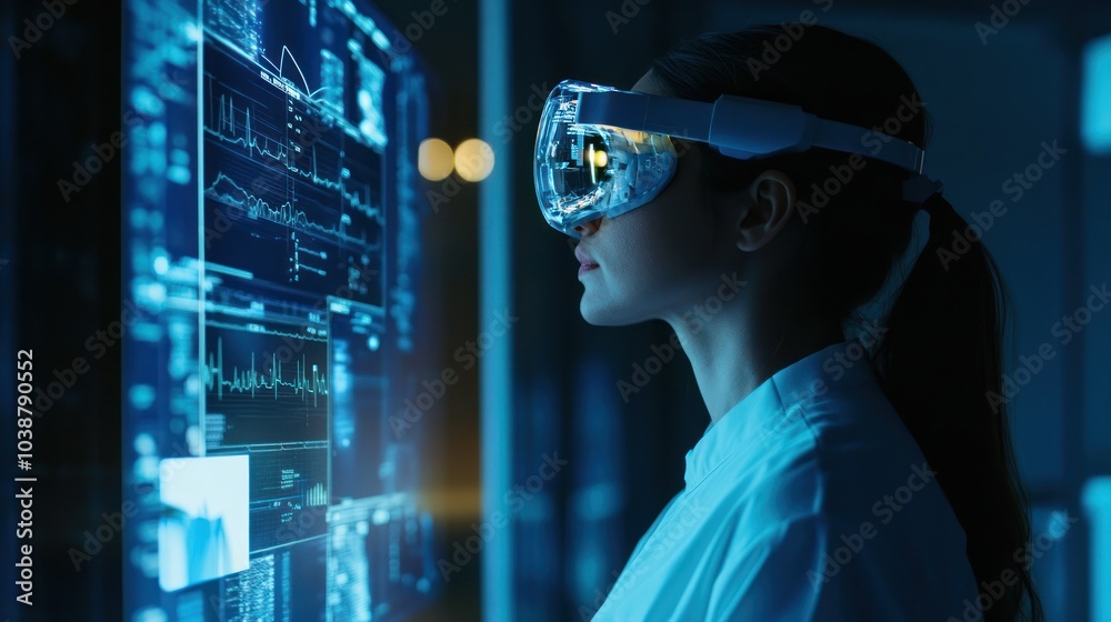 A scientist in a lab wearing VR goggles, interacting with digital data displays. A scientist in a lab wearing VR goggles, interacting with digital data displays.