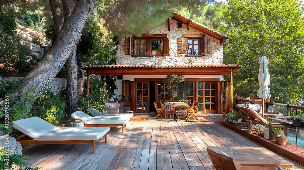 Obraz premium Charming coastal Mediterranean house surrounded by lush greenery, featuring spacious wooden deck with sun loungers and dining area, perfect for relaxation and gatherings