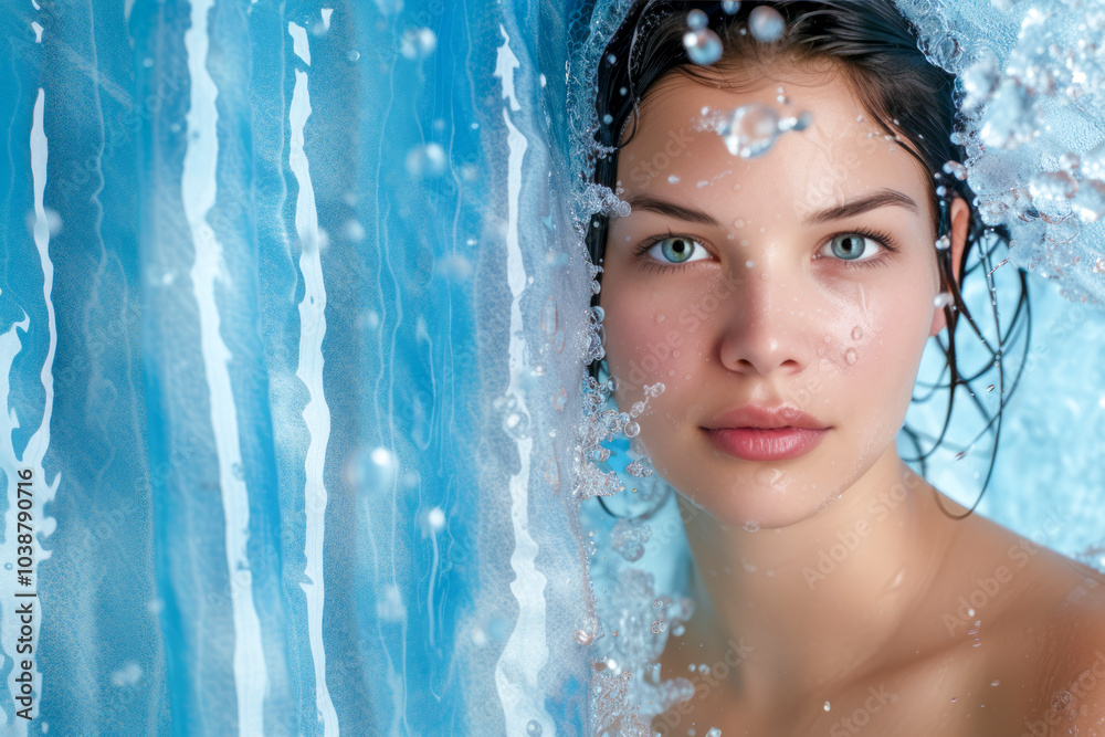 Woman with piercing eyes surrounded by water and bubbles in a serene underwater scene Woman with piercing eyes surrounded by water and bubbles in a serene underwater scene
