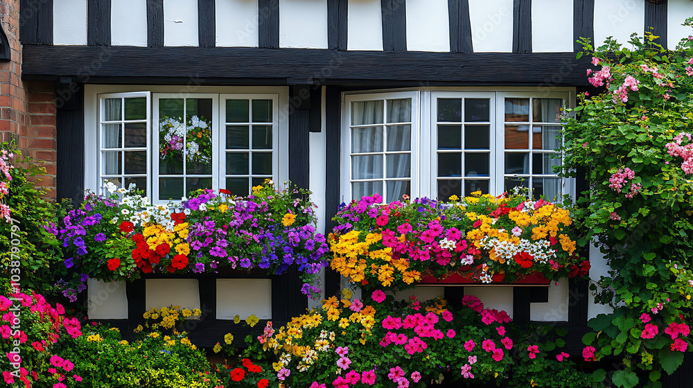 vibrant Tudor style house featuring beautiful flower boxes filled with colorful blooms, creating cheerful and inviting atmosphere. combination of flowers adds charm and character to exterior vibrant Tudor style house featuring beautiful flower boxes filled with colorful blooms, creating cheerful and inviting atmosphere. combination of flowers adds charm and character to exterior
