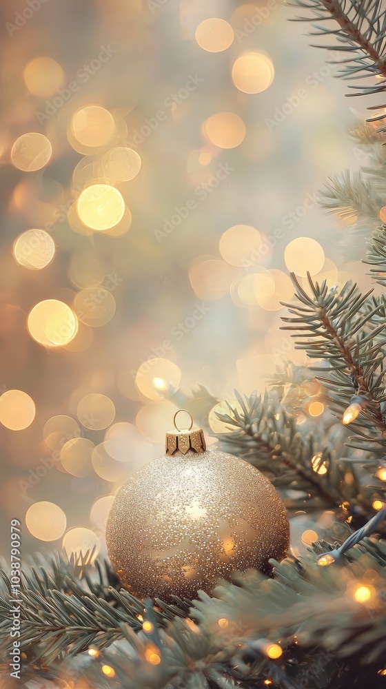 Fototapeta premium Shimmering Golden Ornament on Christmas Tree Branch