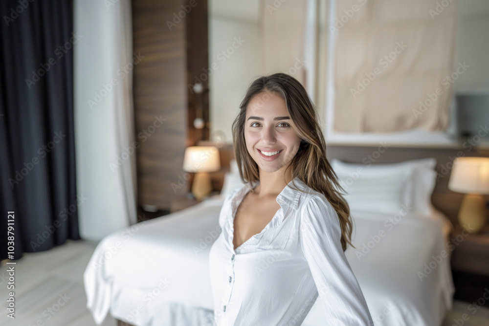 Happy woman smiling in a bright, cozy bedroom during a peaceful morning at home. Happy woman smiling in a bright, cozy bedroom during a peaceful morning at home.