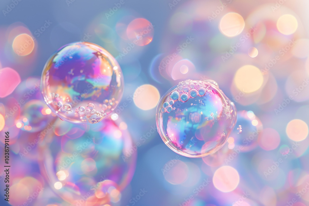 Two colorful bubbles floating in the air, surrounded by a blurry background Two colorful bubbles floating in the air, surrounded by a blurry background