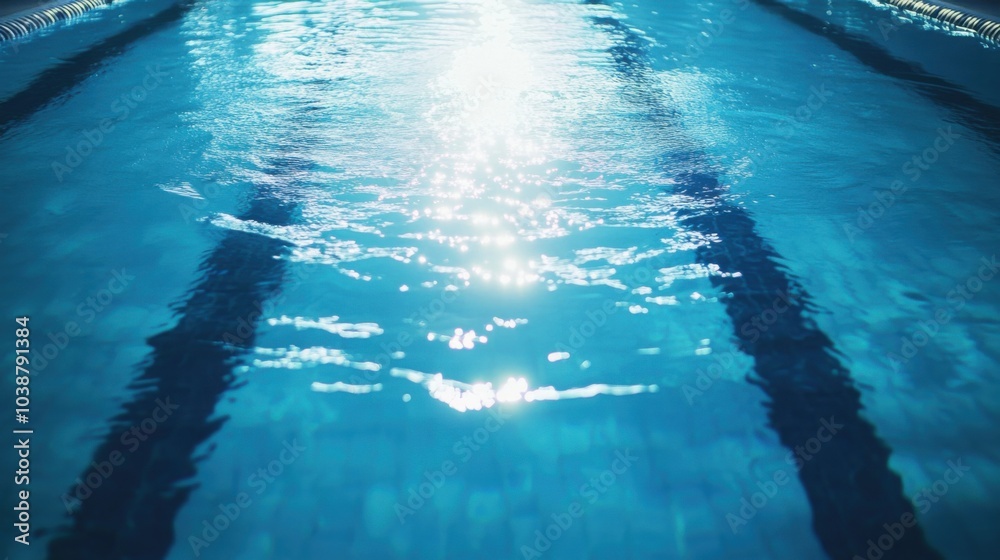 Obraz premium A swimming pool's lane markings with shimmering water, indoor setting with overhead lighting, Vivid style