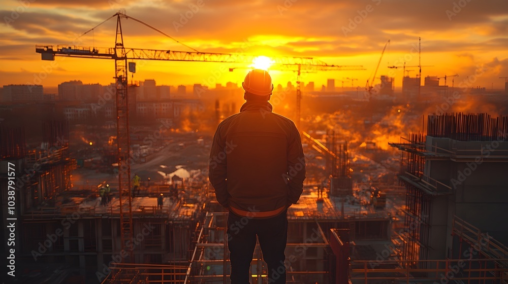 a construction site manager standing on scaffolding or an elevated platform, looking out over an active construction site. active construction site, construction leadership, project execution a construction site manager standing on scaffolding or an elevated platform, looking out over an active construction site. active construction site, construction leadership, project execution