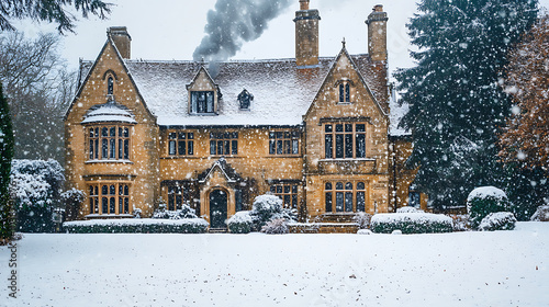 snowy scene of Tudor style house with smoke curling from chimney, surrounded by winter wonderland. atmosphere is serene and picturesque, evoking sense of warmth amidst cold photo